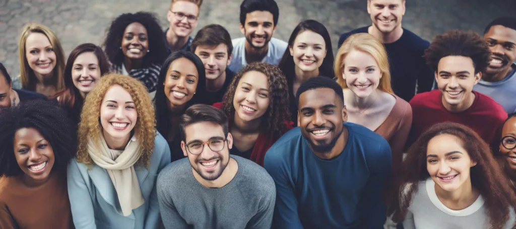 large diverse group of young people smiling upwards at camera